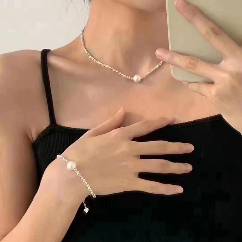 

NYMPH Real Natural Pearl Necklace 925 Silver Choker Bracelet Fine Silver filings Jewelry Round Aniversary Gift For Women White
