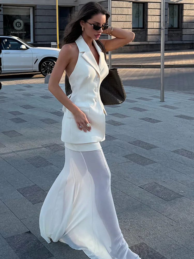 Sleeveless Blazer Skirt Suit Notched Lapel Waist Tied Backless Top With Sheer Mesh Long Skirts Chic Banquet Outfits For Women view 3