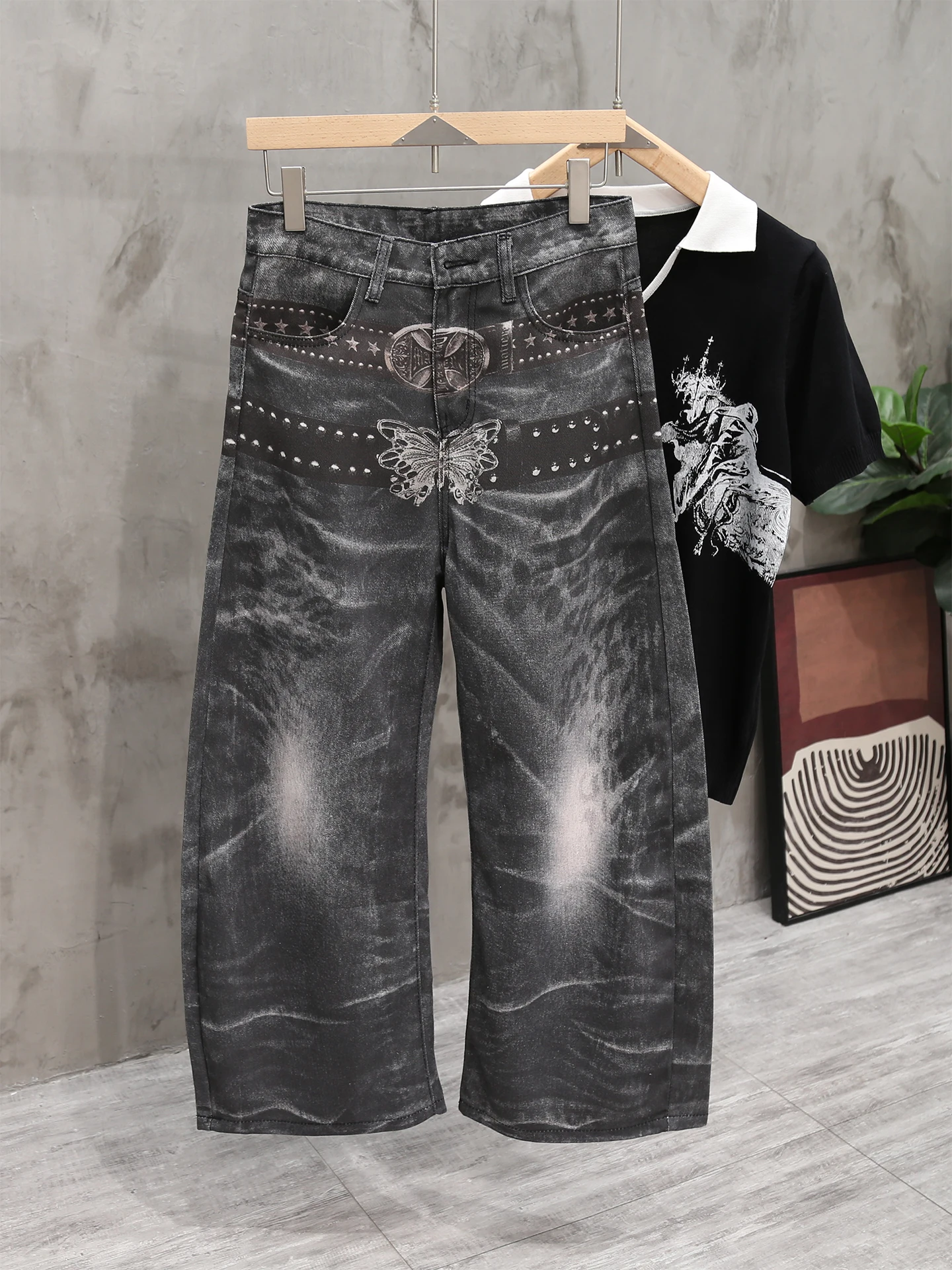 Calças Jeans de Cintura Alta Estilo Streetwear 3D para Homens e Mulheres, Corte Solto, Estilo Slimming, Jeans Casuais com Est...