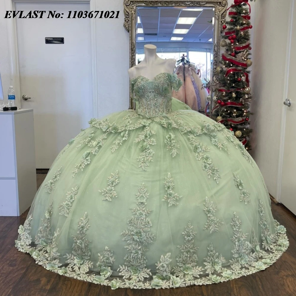 

EVLAST 2024 Mint Quinnceanera Dress Ball Gown 3D Lace Applique Beaded Crystal Tiered Corset Sweet 16 Vestidos De 15 Anos SQ686