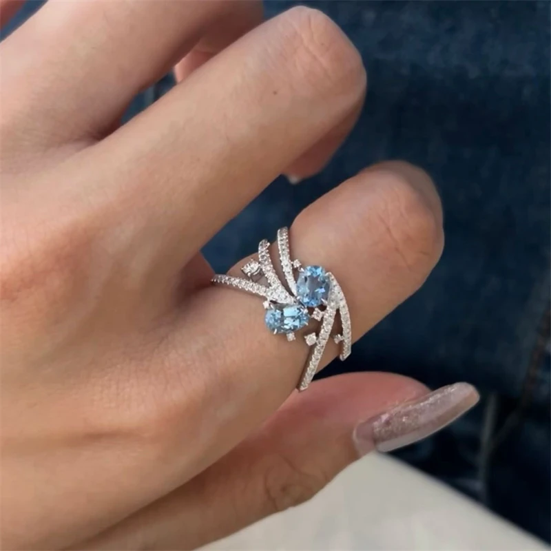 Classic Fashion Blue Crystal Geometric Adjustable Ring for Women Original Design Stainless Steel Korean Ring Jewelry Accessories