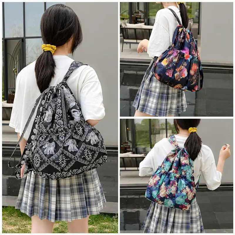 Nylon Drawstring Flower Design Bundle Pocket Backpack Women's Outdoor Sports Bag Mommy Large Capacity Backpack