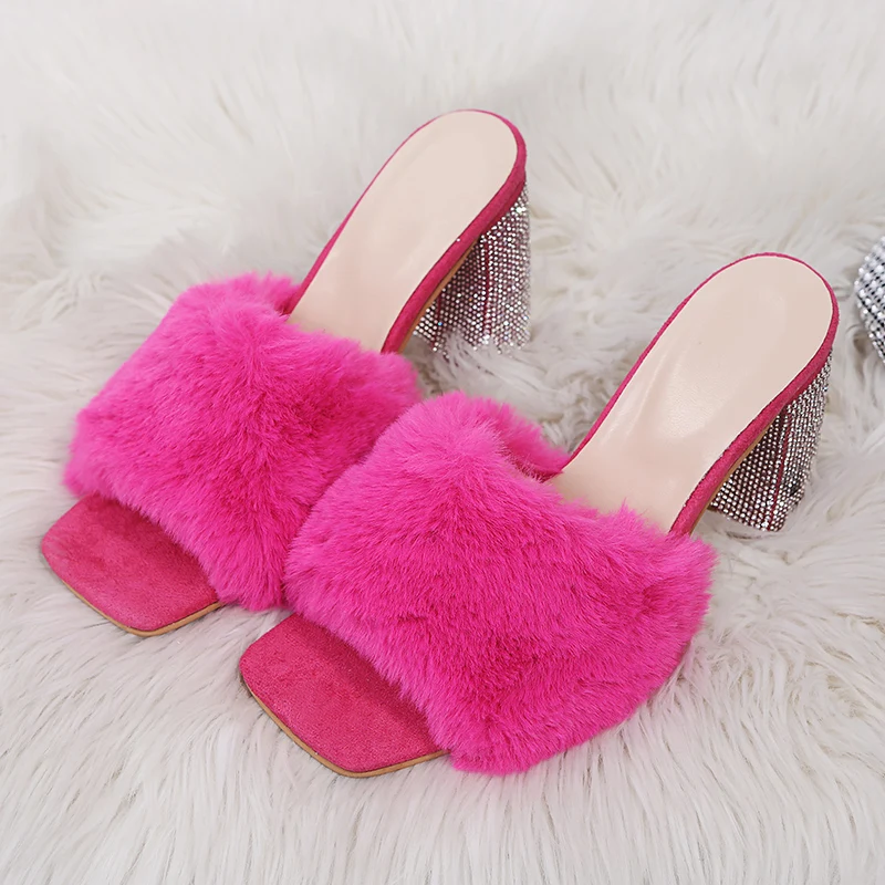 Slippers Women Luxury Heels Stripper Shoes Chunky Sandals Elegant Sexy Furry Rhinestone Apartments Party Plus Size Autumn Winter