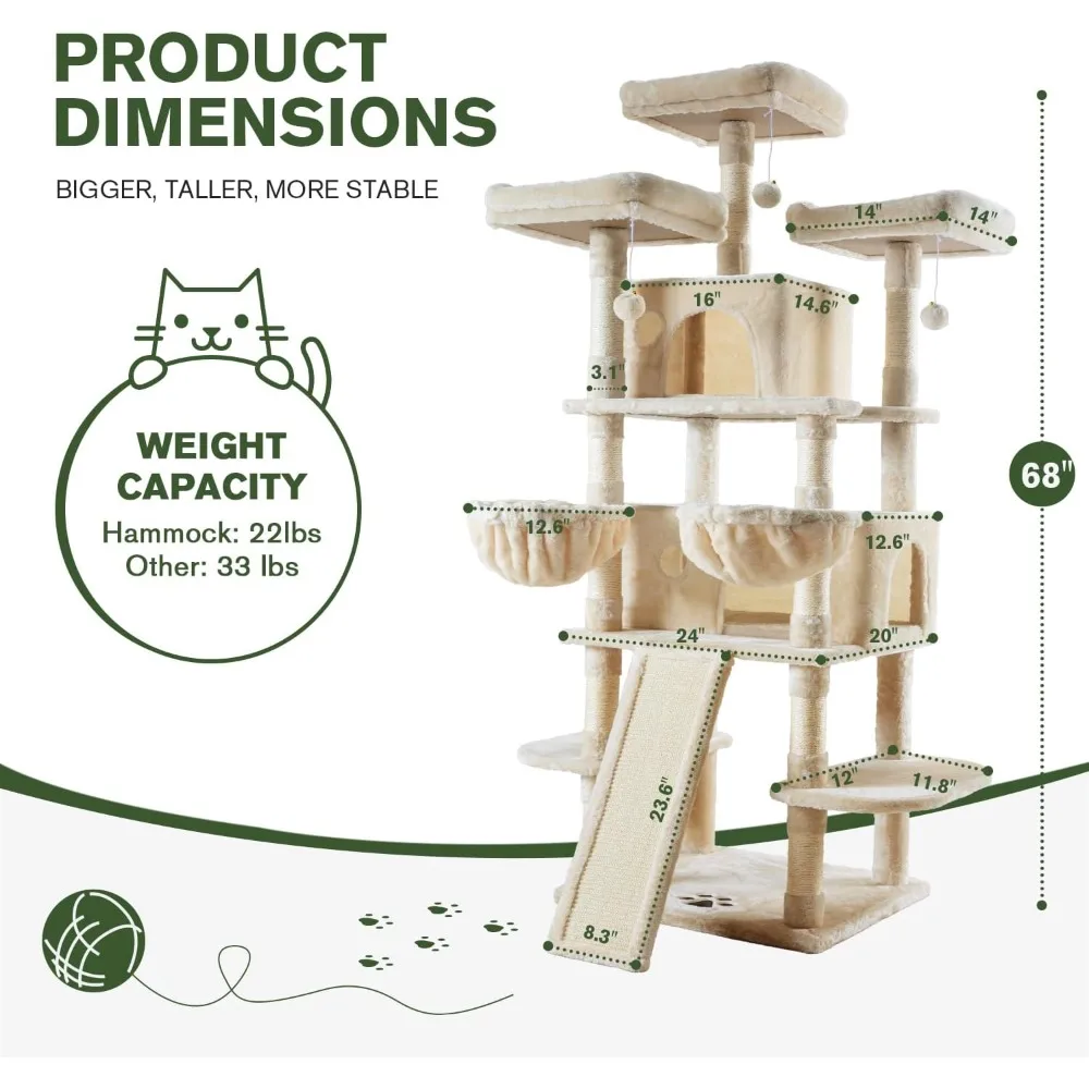 68 Inches Multi-Level Cat Tree for Large Cats/Big Cat Tower with Cat Condo/Cozy Plush Perches/Sisal Scratching Posts and