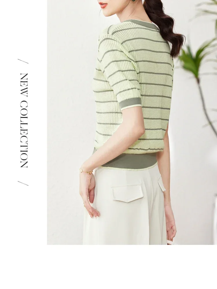 Vimly Summer Green Striped Knit Cardigans for Women 2023 Contrast V-Neck Short Sleeve Straight Knitted Tops New In Thin Knitwear