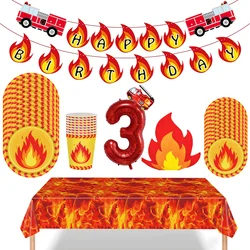 Fireman Party Tableware Napkins Flame Tablecloth Banner Cardboard Campfire Firetruck Balloon Boy Firefighter Birthday Home Decor
