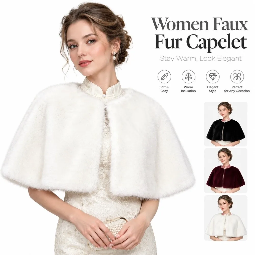 Elegant Solid Color Faux Fur Capelet Winter Warm Faux Fur Texture Shoulder Wrap Shoulder Cover Shrug For Women