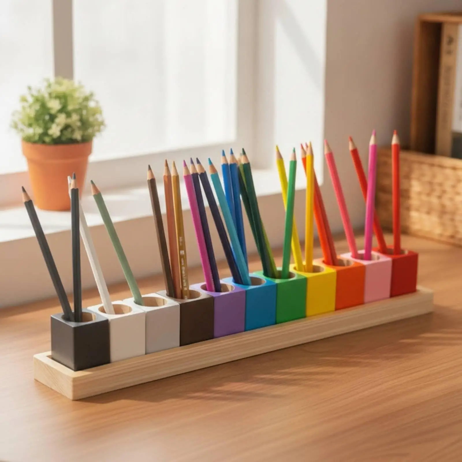 Wooden Pen Holder with Cups Versatile Pencil Holder Organizer Neat for Classroom