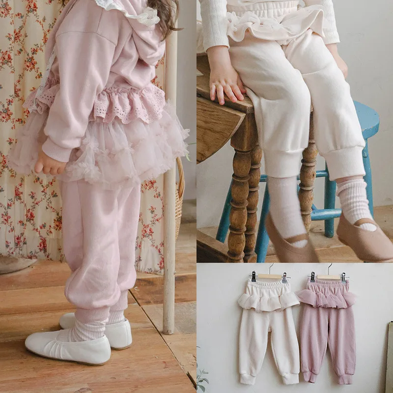 

Girls Pants 2025 Autumn New Korean Children Girls Fashion Mesh Skirt Waist Pants Fake Two Piece Skirts Pant