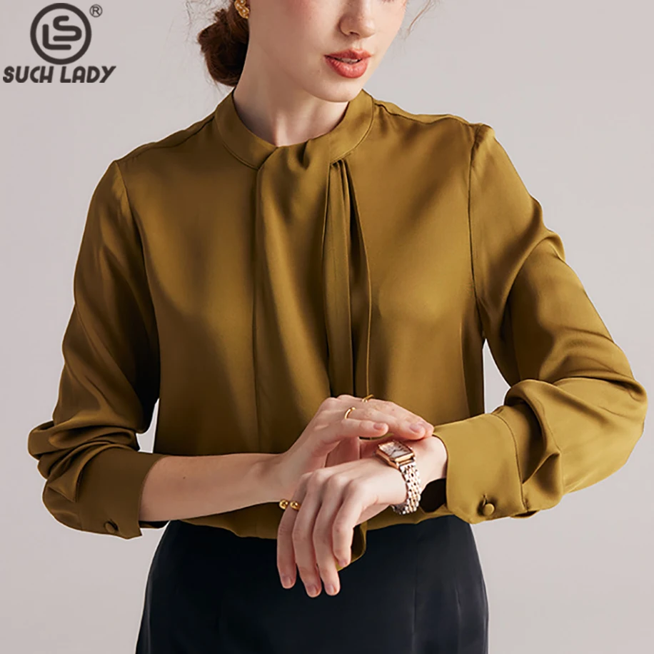 

90% Natural Silk 10% Spandex Women's Shirt Stand Collar Long Sleeves Ruched Elegant Blouse Tops