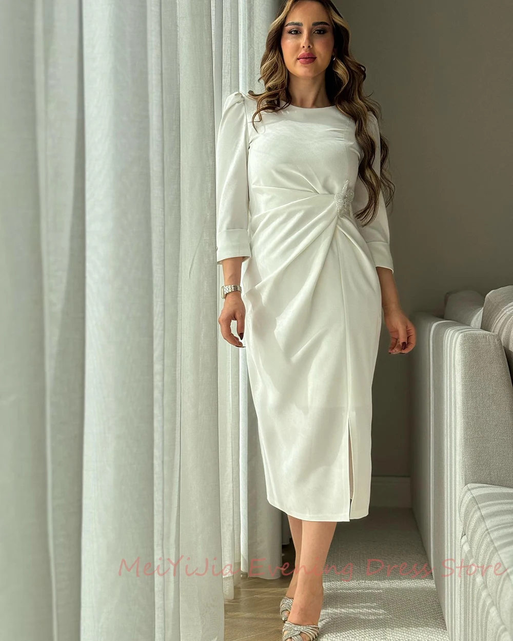 Meiyijia فستانسهرة O-Neck Flower Pleats Half-Sleeves Ankle-Length Arabia Sexy Evening Birthday Club Outfits Summer 2024