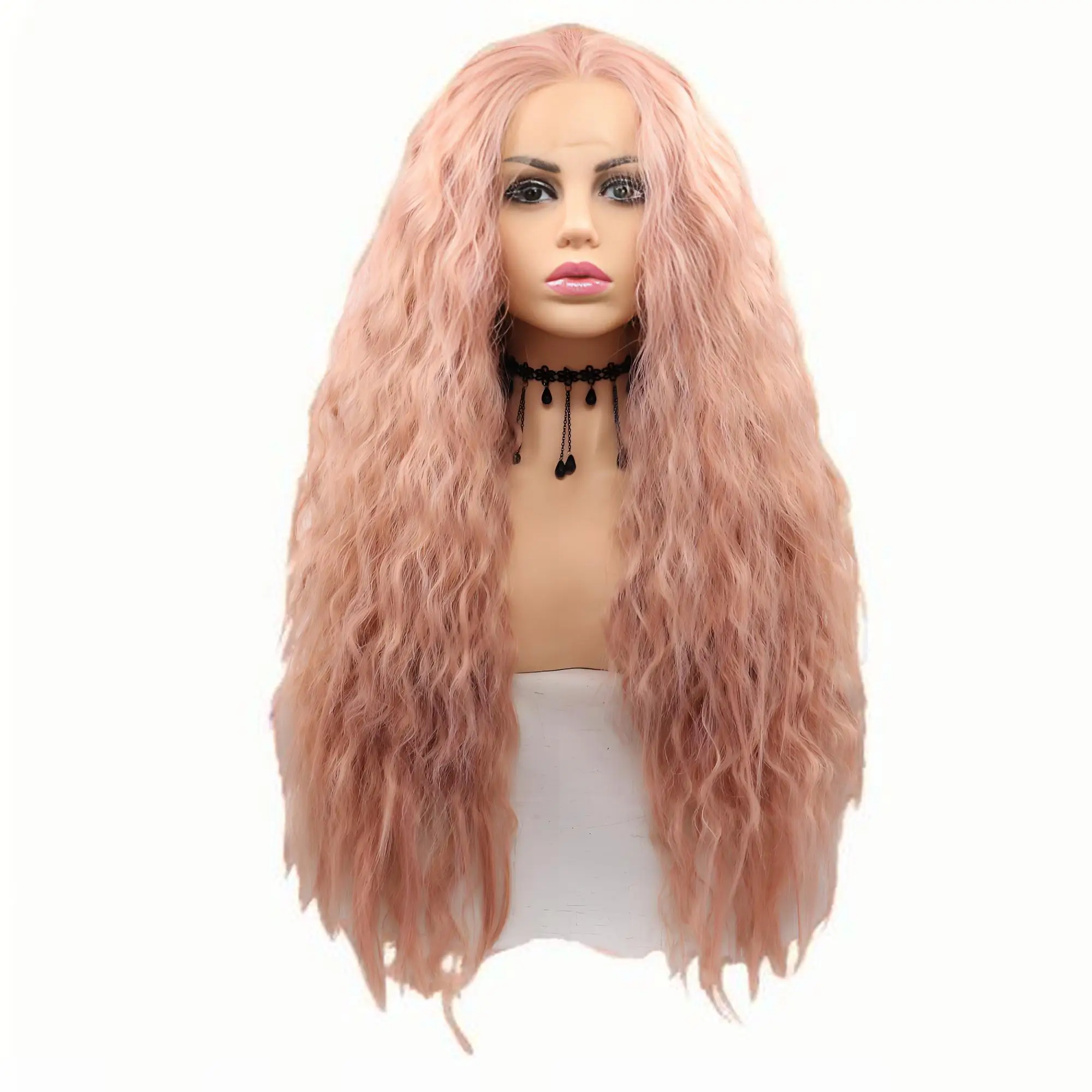 

24 Inch Long Wavy Pink Synthetic Lace Front Wig for Women – Heat Resistant Natural Cosplay Party Hair