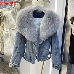 2023 Hot Sales New Fashion Denim Goose Down Big White Fox Fur Collar Detachable Goose Down Filling Lnner Lining High End Jacket