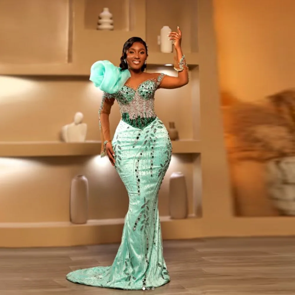 For Wedding Transparent Party Dress Aqua Beaded Mermaid Evening Dresses Applique Aso Ebi Sequin Prom Gowns with Sleeve Long