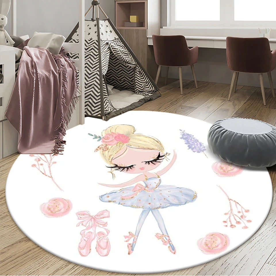 Children\'s Play Mat Ballet Girl Bedroom Rug Cute Cartoon White  Playroom Round Area Non-slip Decorative