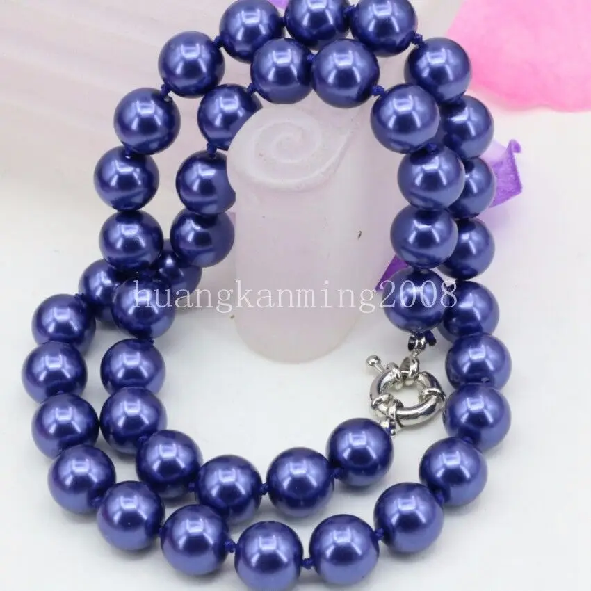 

10mm Dark Blue Akoya Shell Pearl Round Beads Necklace 18Inch AAA