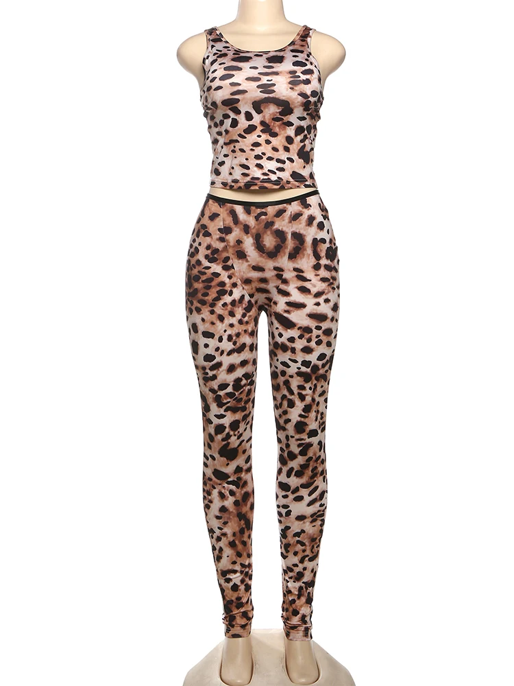 

Sisterlinda Leopard Print Matching 2 Piece Set Spring New O-neck Crop Tank+High Waist Slim Trousers Female Trend Street Outfits