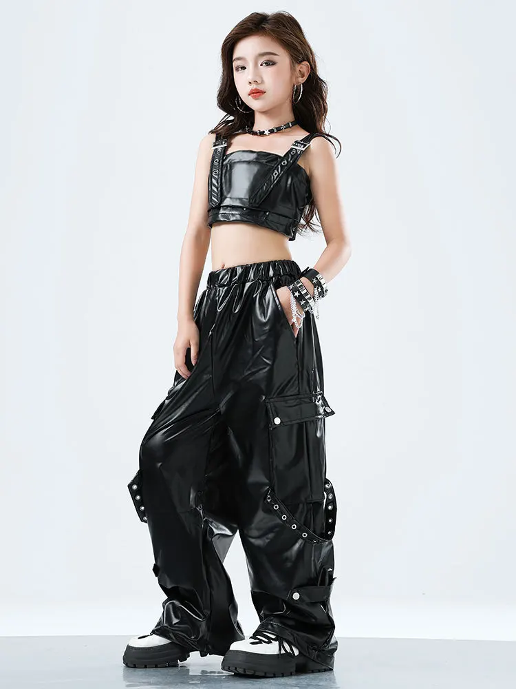 Dziecięca odzież Kpop Hip Hop Czarna Krótka Koszulka Tank Top ze Sztucznej Skóry Warstwowa Spódnica Spodnie Cargo Szorty na Ramiączkach dla Dziewczynki Kostium do Tańca Ubrania