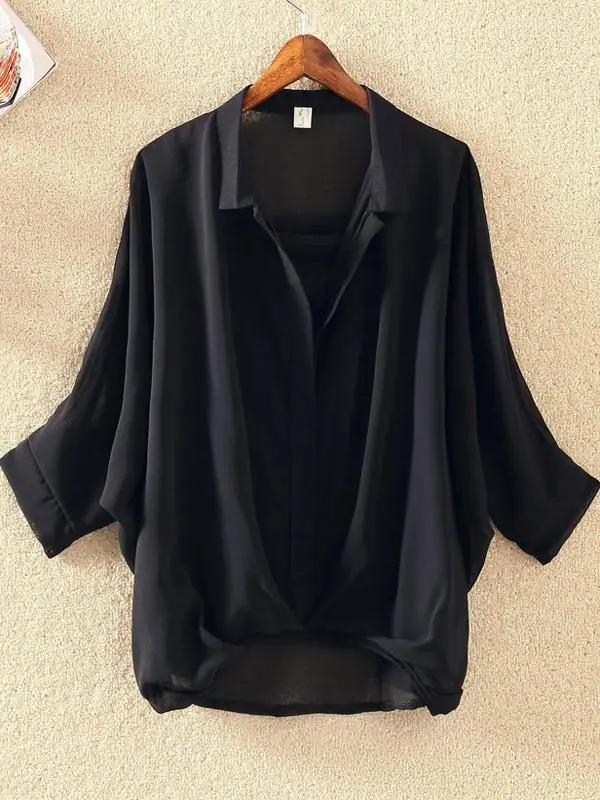 เสื้อชีฟองทรงหลวมแบบแขนค้างคาวสำหรับฤดูร้อน ช่วยให้ดูผอมเพรียว แฟชั่นสำหรับผู้หญิง คอปกเล็ก ความยาวปกติ ทรงเข้ารูป