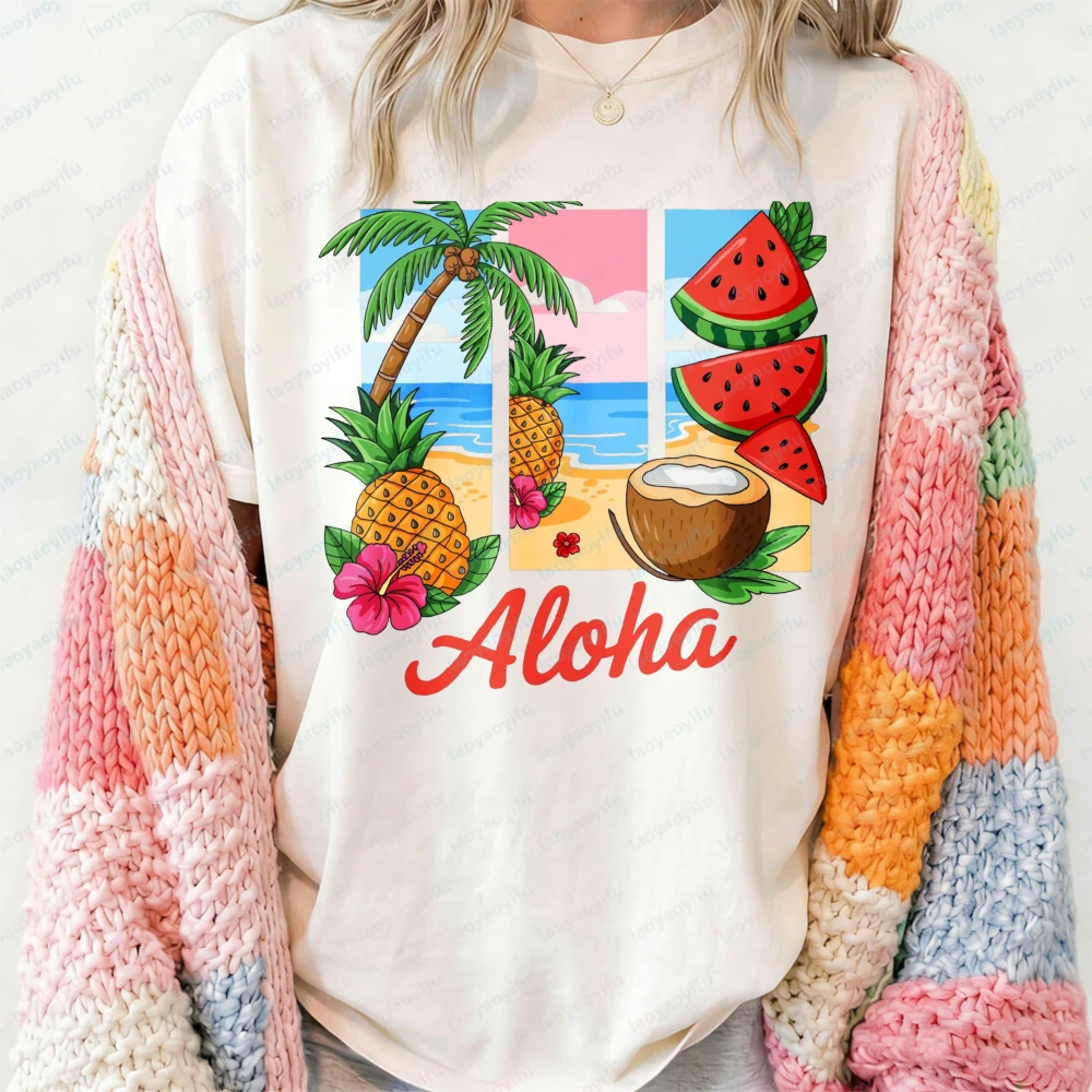 Bold Beach Vibes Cotton T-Shirt Eye-Catching Aloha Hawaii Tropical Print Casual Wear Vintage Fashion Summer Clothes for Women
