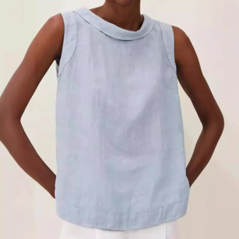 المرأة القطن والكتان بلون رمادي بلوزة جولة الرقبة قصيرة البلوز عارضة الشارع الشهير أكمام أعلى الدبابات قمم بيضاء