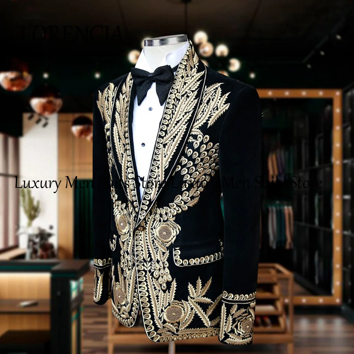 Customized Stone Men Suits 3 Pieces Sets Male Dinner Prom Blazers Applique Jacquard Groom Tuxedos Slim Fit Costume Homme