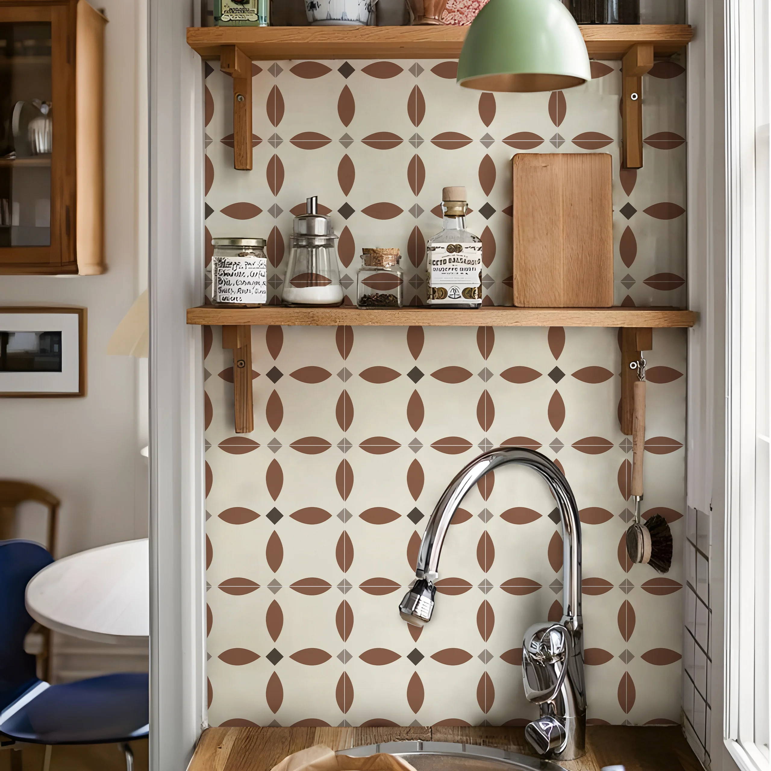 Peel and Stick Backsplash Tiles, Retro Geometric Pattern, Waterproof Wall Stickers for Bathroom Home Renovation (10pcs, 20x20cm)