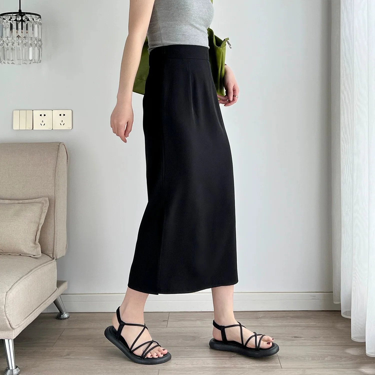 High Waist Side Slit Straight Tube Skirt Silk Chiffon One Step Long Summer Skirt for Women Comfortable Casual Style Polyester...