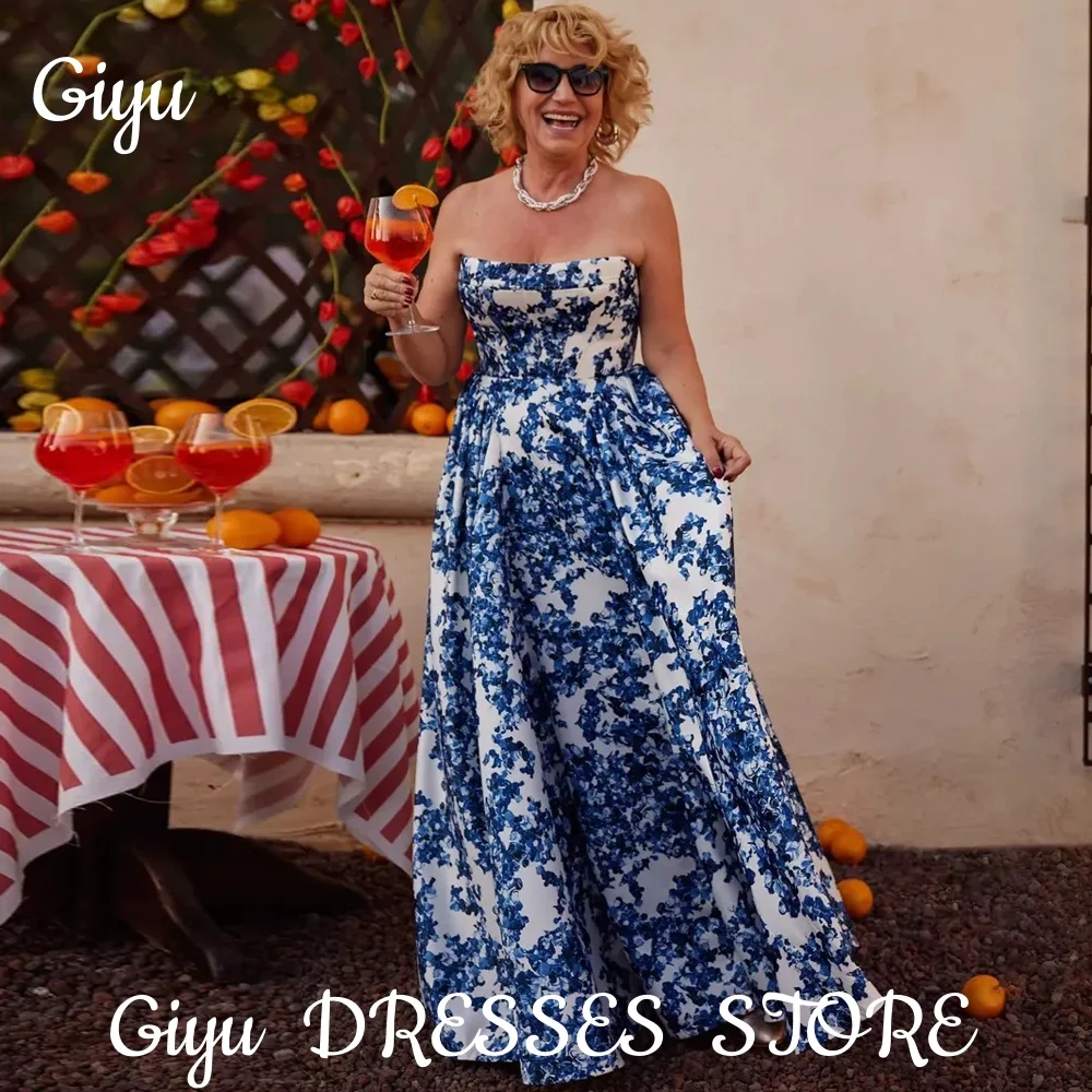 

Giyu Modern Strapless Prom Dresses Blue and White Porcelain Printing Birthday Party Dresses Floor-Length Summer Dresses 2025
