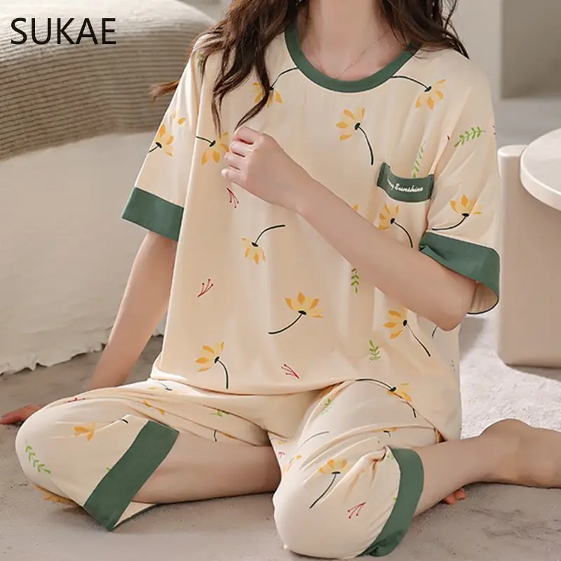 SUKAE Soft Cool Modal M-5XL Plus Size Pijamas for Woman Leisure Lingerie Women Summer Calf-length Sleepwear Casual Pajamas Set