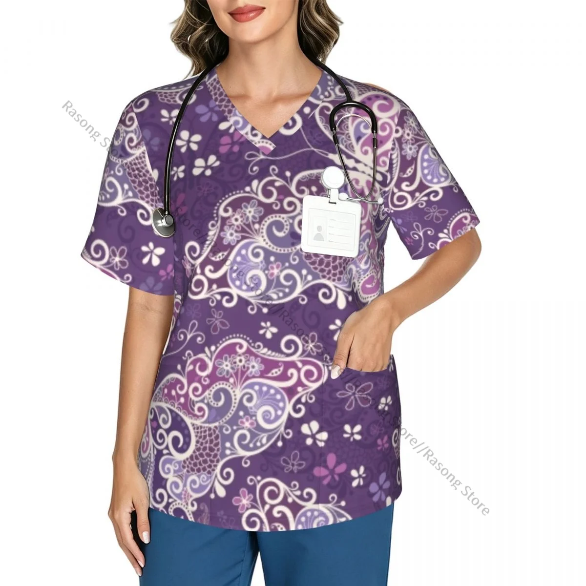 Big Butterflies And Flowers Scrubs tops medical uniforms women V Neck Stretch Scrub Shirt Dentist doctor Blouse