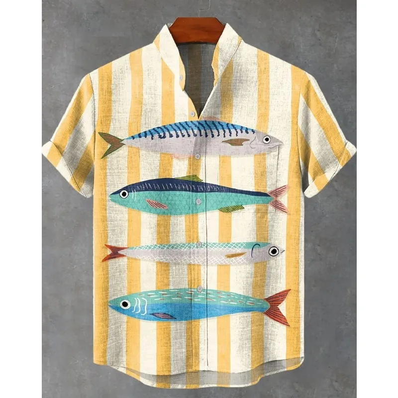 

Men's Printed Shirt, Casual Fish-patt Retro-style Men's New Linen Short-sleeved Shirt, Casual and Fashionable Holiday Streetwear