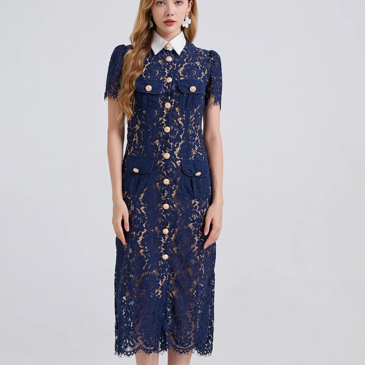 Faionable dentelle couleur Blo Ne corde t-shirt dimensionnel ket moulante Dr doux Sle Polyester fibre ort Sve bouton