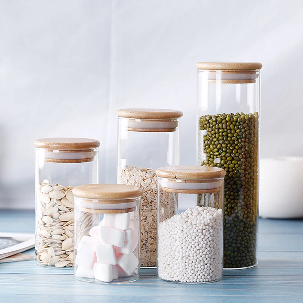 Hemoton Glass Kitchen Canisters Airtight Bamboo Lid Glass Storage Jars Kitchen Organization