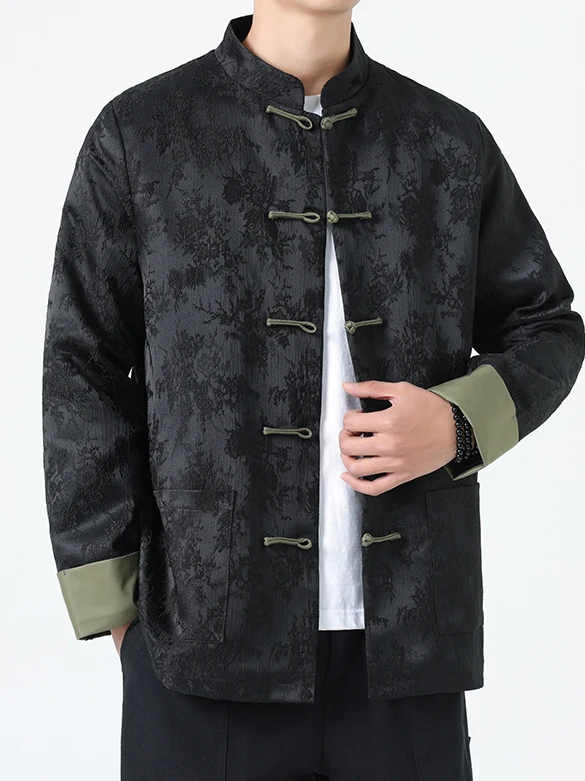 

New Chinese Sle Loose Fit Jaet Men's Spring Autumn Floral Embroidery Stand Collar Zhongan Coat Large Size Outerwear