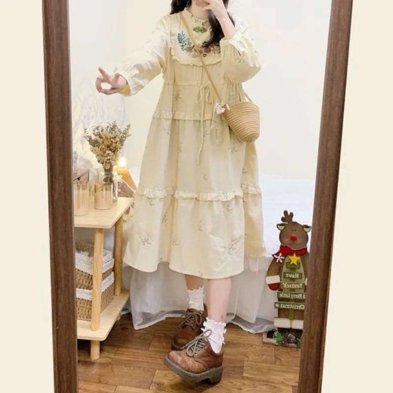 Mori Girl Vintage Embroidery Long-sleeved Spring Dress Japanese Sweet Cute Loose Ruffled Drawstring Beige Long Dresses for Women