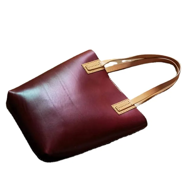 New Vintage Vegetable-tanned Leather Pure Sewing Underarm Bag Women's Bag Fashion Large Capacity Handbag Cow Leather Tote Bag
