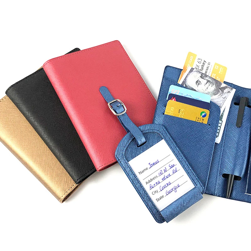 Multifunctional Pen Insert Travel Passport Holder Pu Leather Saffiano Passport Cover Luggage Tag Set