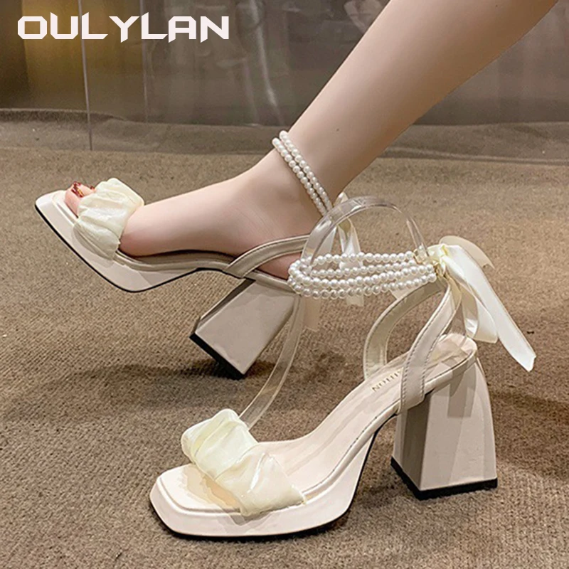 Sexy Pearl Sandals Fashion Sandalias 2024 New Arrival Chunky Comfortable Shoes for Women Female Block Heel Hight Heels