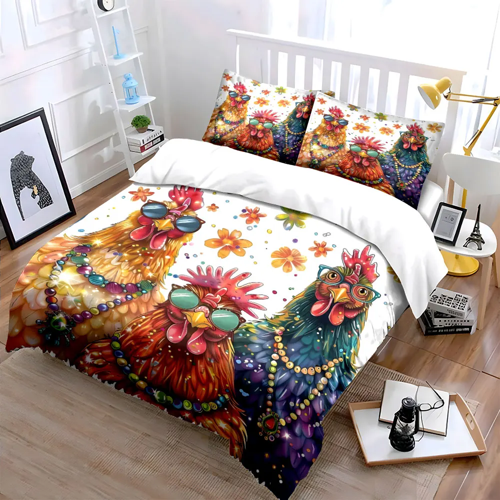 Stylish hens with sunglasses and jewelry Pattern Duvet Cover Set Digital Print Colorful Polyester Bedding with Zipper Closur