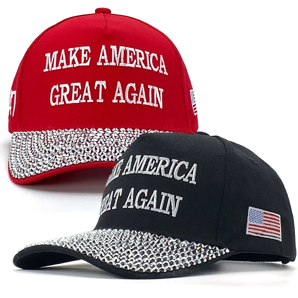 Make America Great Again Bling Rhinestone Baseball Cap 45 47 Design with USA Flag MAGA Donald Trump Red Black Adjustable Hat