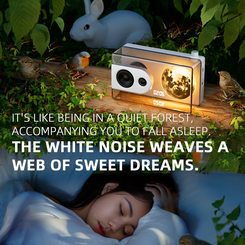 White Noise Transparent Bluetooth Speaker Night Light Hifi Music Box Handsfree Call Sleep Aid Music Player with Alarm Clock