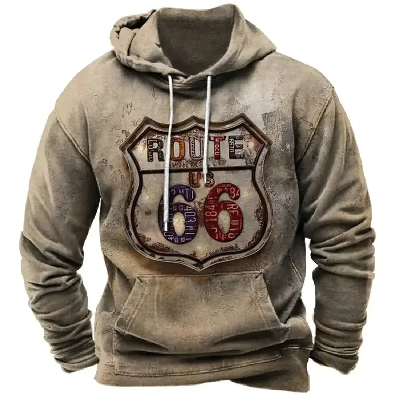 Route 66 Men's Hoodie Casual Pullover 3D Printed Pattern Sweatshirt Vintage Men's Clothing Autumn Winter Tops 2024 New Outerwear