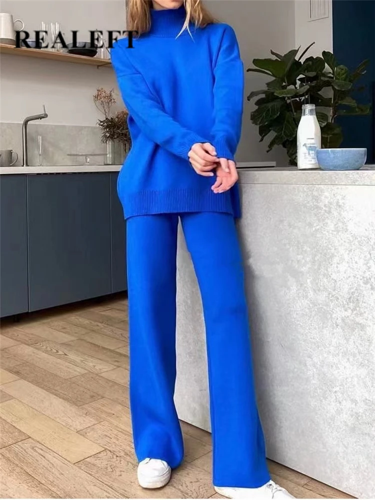 2 Pieces Blue Women Sets Knitted Tracksuit Turtleneck Sweater and Straight Jogging Pants Suits