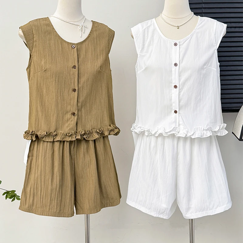 

Leisure Solid Color Women Suits Summer O-neck Sleeveless Single Breasted Shirts And High Waist Wide Leg Shorts Female Set