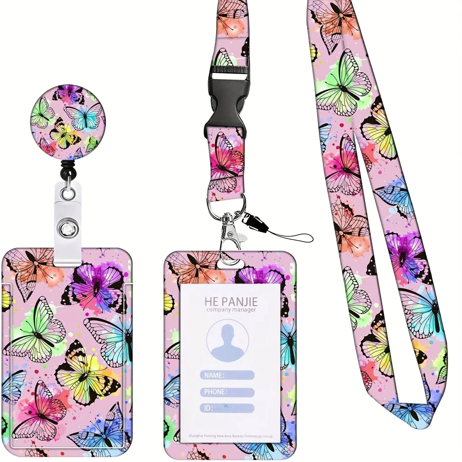 Butterfly Print Id Card Holder, Stylish Lanyard and Business Card Holder, Expandable Id Badge Holder with Drawstring, Neck Tag for School, Office