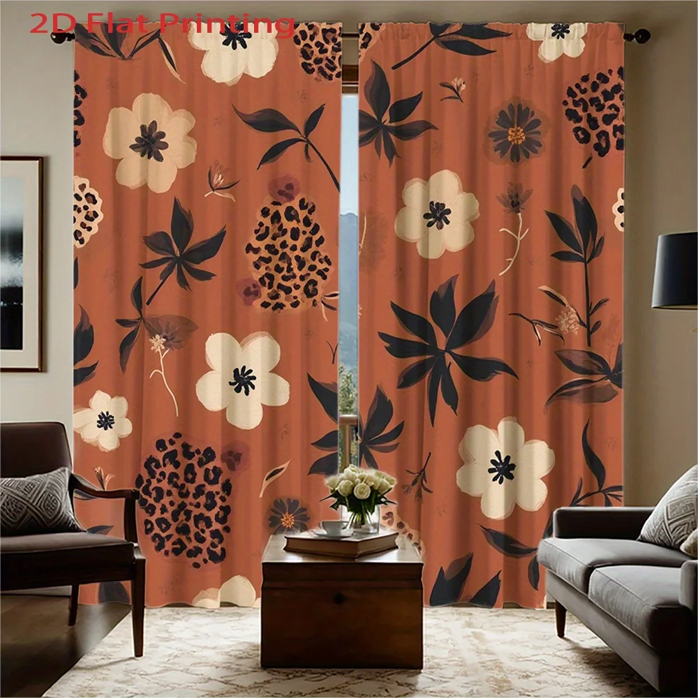 Floral Curtains 2pcs – Orange Background with White Flowers and Leopard Spots Stylish Bohemian Decor for Living Room and Bedroom