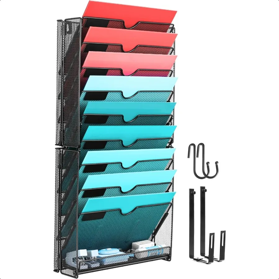 

GALASALA Wall File Organizer 10 Pockets Mesh Hanging File Organizer Wall Mount File Holder With Hooks Wall Organizer Magazine R