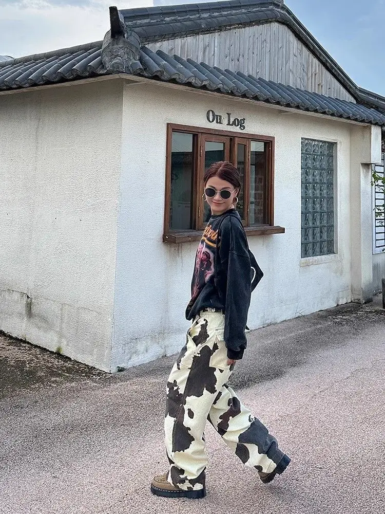 Grande taille Style américain Vintage mode femmes décontracté à la mode ample imprimé jambe large droite ample Denim pantalon femme jean