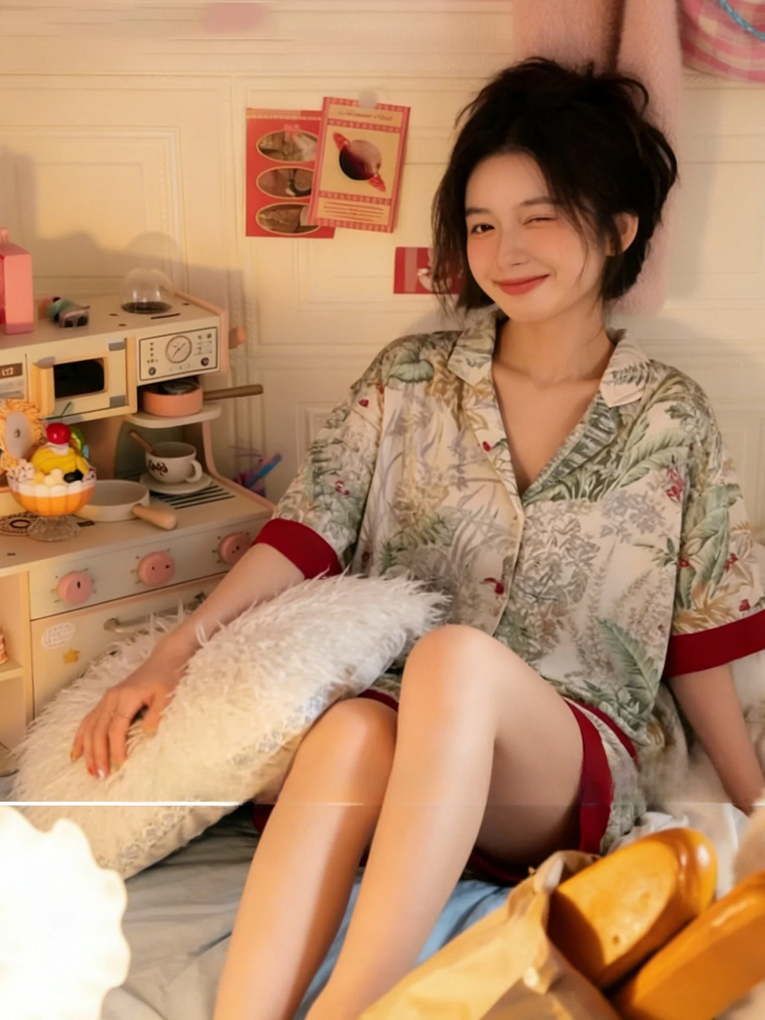 レディースアイスシルクシャツ襟付きパジャマ夏用ゆったり快適ホームウェア屋外着用に適した長袖フルプリント